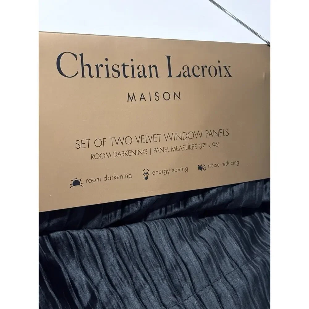 Christian Lacroix Window Curtains Panels Drapes Black Velvet Textured 37 x 96”